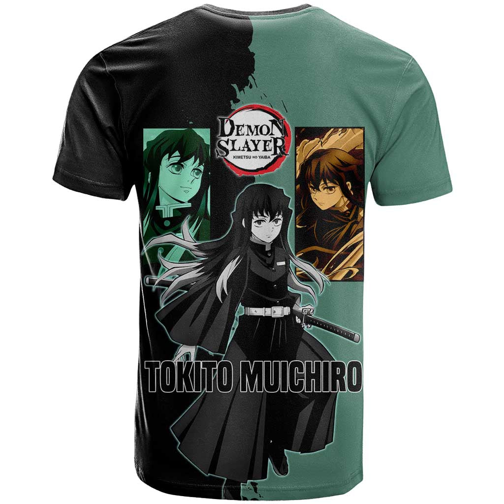 Muichiro Tokito from Demon Slayer T Shirt with Green and Black Mist Background and Dual Character Manga Style Design - The Mazicc