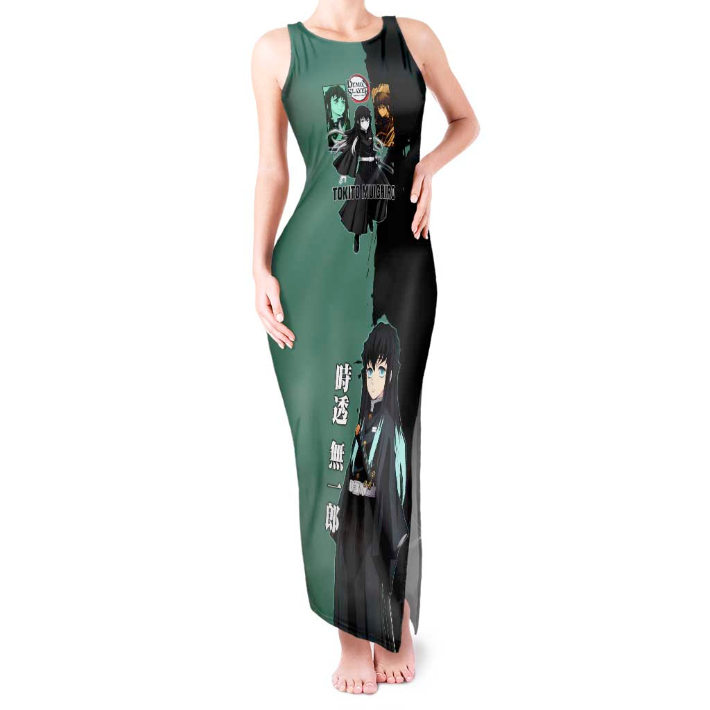 Muichiro Tokito from Demon Slayer Tank Maxi Dress with Green and Black Mist Background and Dual Character Manga Style Design - The Mazicc