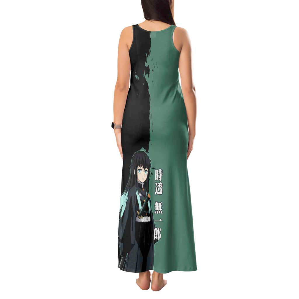Muichiro Tokito from Demon Slayer Tank Maxi Dress with Green and Black Mist Background and Dual Character Manga Style Design - The Mazicc