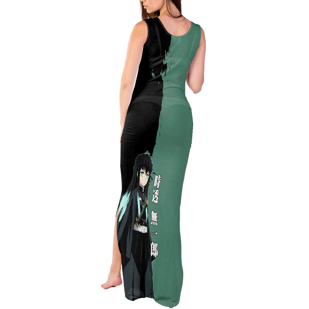 Muichiro Tokito from Demon Slayer Tank Maxi Dress with Green and Black Mist Background and Dual Character Manga Style Design - The Mazicc