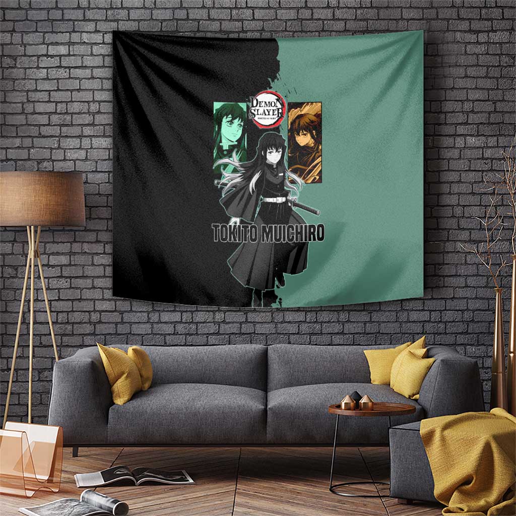 Muichiro Tokito from Demon Slayer Tapestry with Green and Black Mist Background and Dual Character Manga Style Design - The Mazicc
