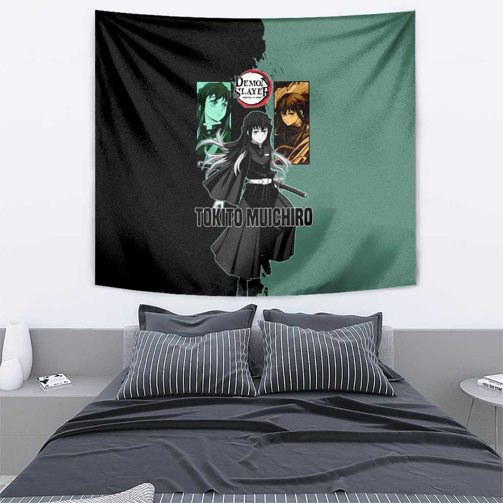 Muichiro Tokito from Demon Slayer Tapestry with Green and Black Mist Background and Dual Character Manga Style Design - The Mazicc