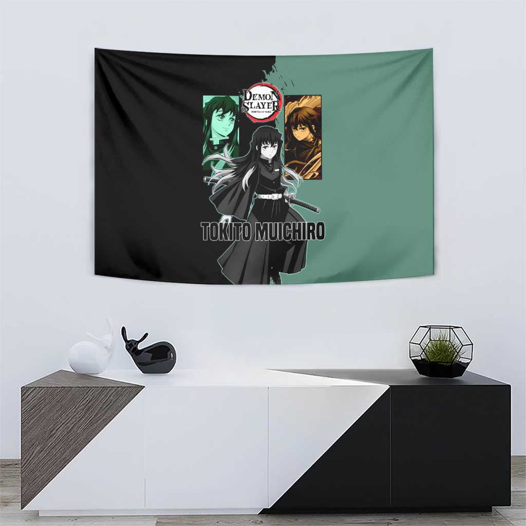 Muichiro Tokito from Demon Slayer Tapestry with Green and Black Mist Background and Dual Character Manga Style Design - The Mazicc
