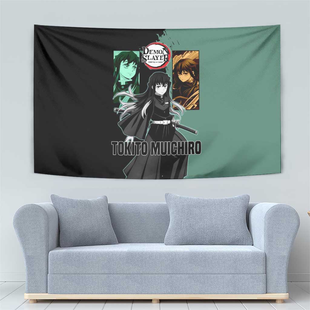 Muichiro Tokito from Demon Slayer Tapestry with Green and Black Mist Background and Dual Character Manga Style Design - The Mazicc