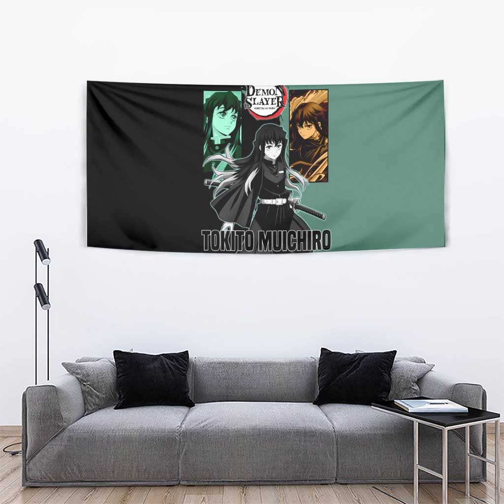 Muichiro Tokito from Demon Slayer Tapestry with Green and Black Mist Background and Dual Character Manga Style Design - The Mazicc
