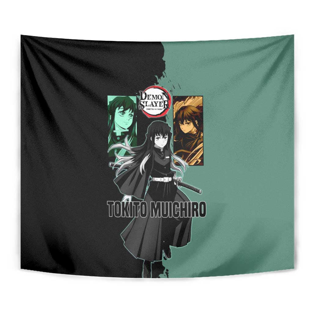 Muichiro Tokito from Demon Slayer Tapestry with Green and Black Mist Background and Dual Character Manga Style Design - The Mazicc