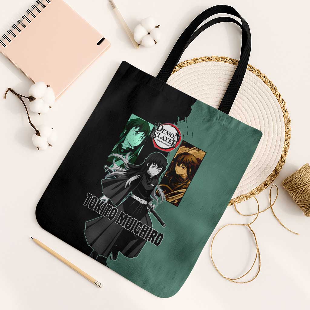 Muichiro Tokito from Demon Slayer Tote Bag with Green and Black Mist Background and Dual Character Manga Style Design - The Mazicc