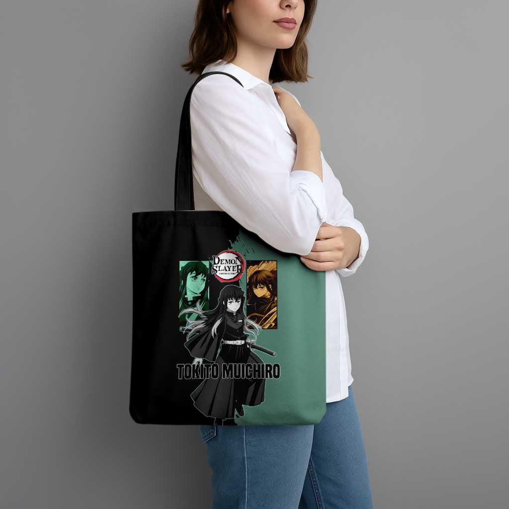 Muichiro Tokito from Demon Slayer Tote Bag with Green and Black Mist Background and Dual Character Manga Style Design - The Mazicc