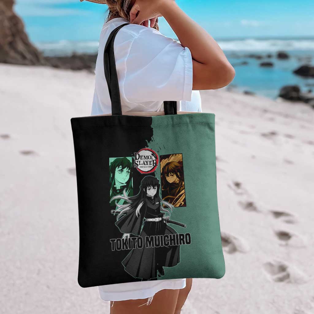 Muichiro Tokito from Demon Slayer Tote Bag with Green and Black Mist Background and Dual Character Manga Style Design - The Mazicc