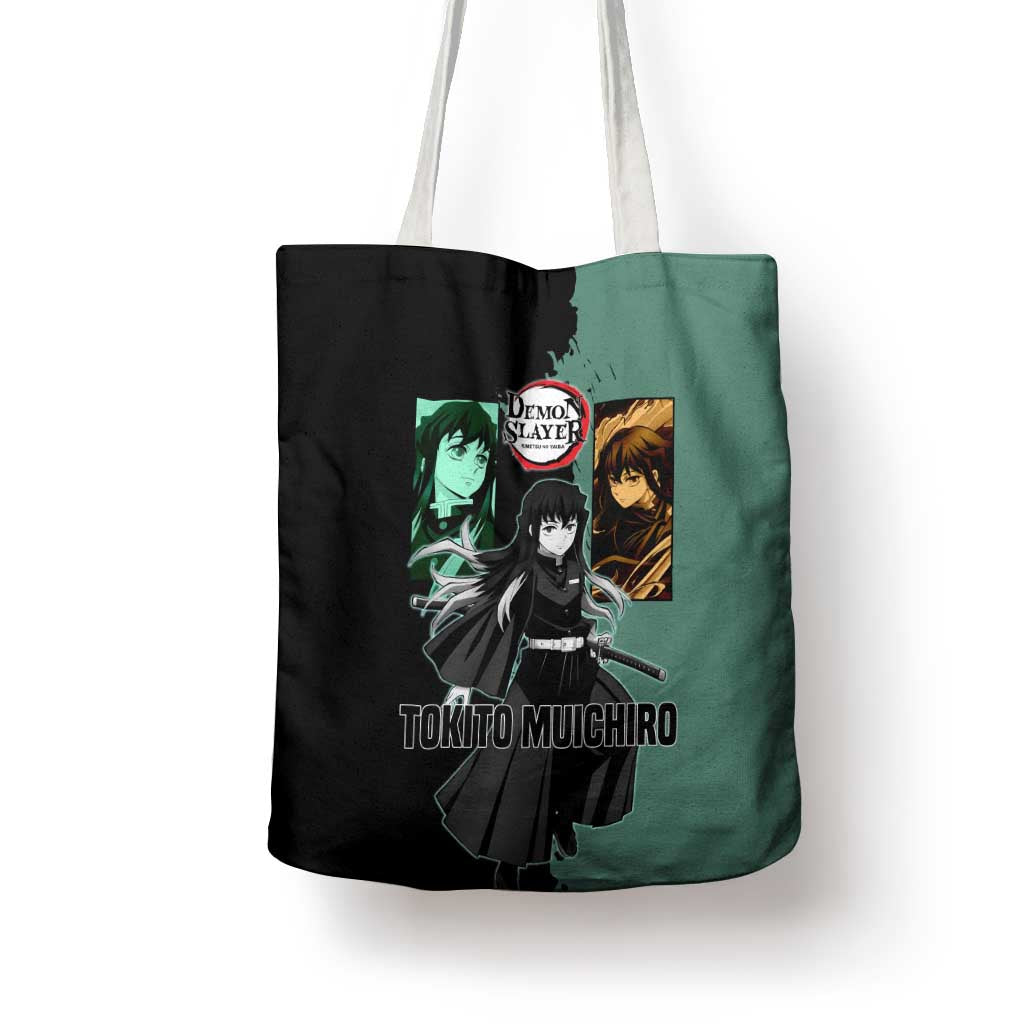 Muichiro Tokito from Demon Slayer Tote Bag with Green and Black Mist Background and Dual Character Manga Style Design - The Mazicc
