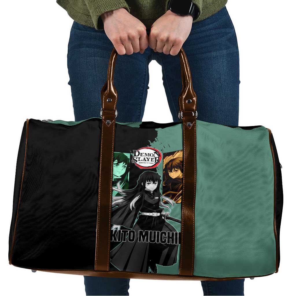 Muichiro Tokito from Demon Slayer Travel Bag with Green and Black Mist Background and Dual Character Manga Style Design - The Mazicc