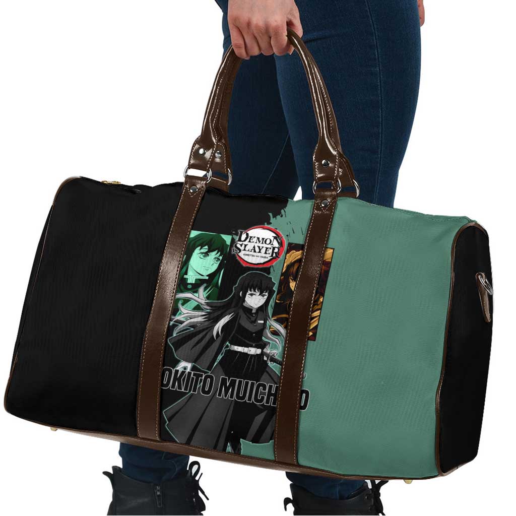 Muichiro Tokito from Demon Slayer Travel Bag with Green and Black Mist Background and Dual Character Manga Style Design - The Mazicc