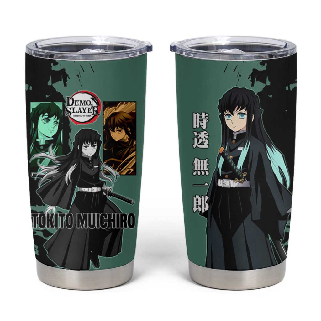 Muichiro Tokito from Demon Slayer Tumbler Cup with Green and Black Mist Background and Dual Character Manga Style Design - The Mazicc