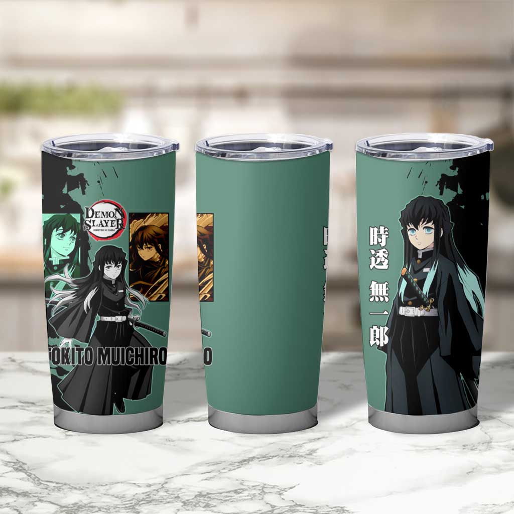 Muichiro Tokito from Demon Slayer Tumbler Cup with Green and Black Mist Background and Dual Character Manga Style Design - The Mazicc