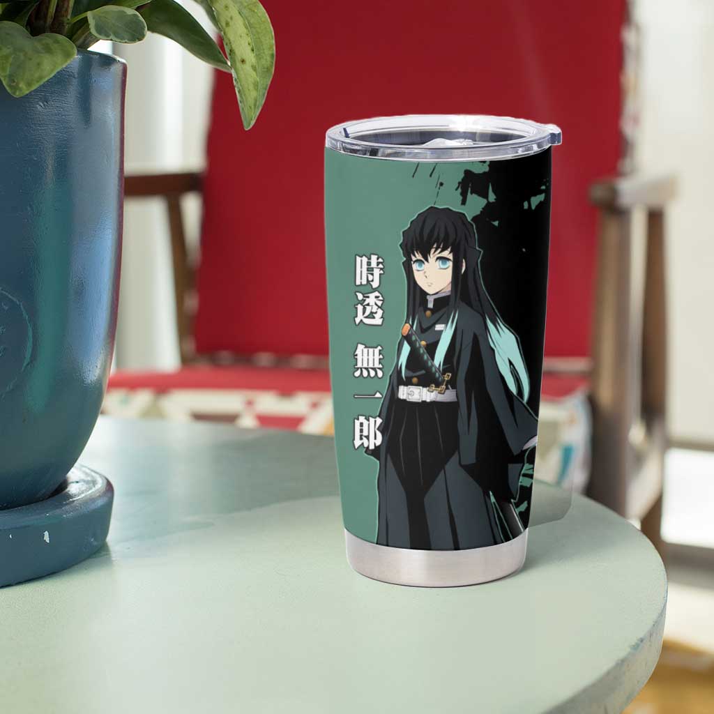 Muichiro Tokito from Demon Slayer Tumbler Cup with Green and Black Mist Background and Dual Character Manga Style Design - The Mazicc