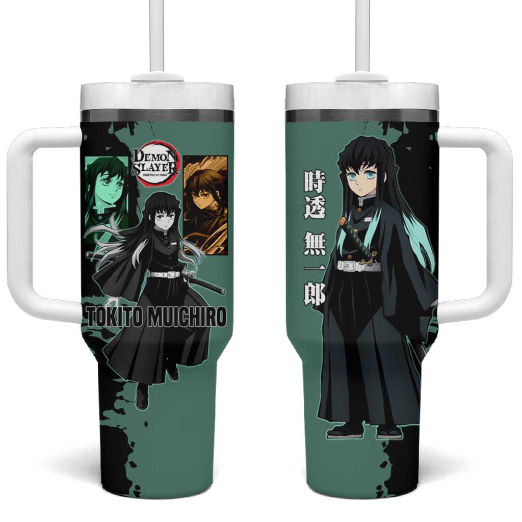 Muichiro Tokito from Demon Slayer Tumbler With Handle with Green and Black Mist Background and Dual Character Manga Style Design - The Mazicc