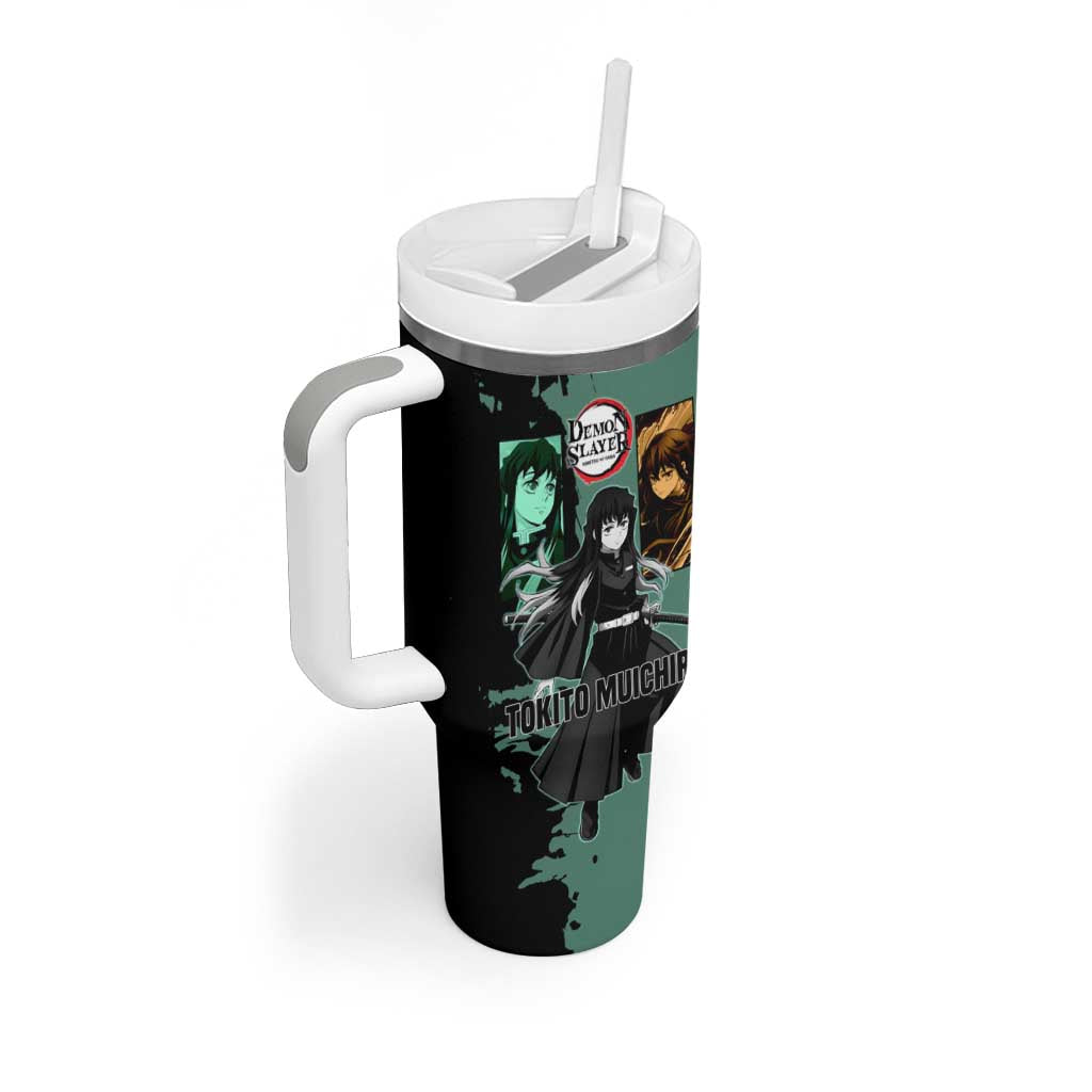 Muichiro Tokito from Demon Slayer Tumbler With Handle with Green and Black Mist Background and Dual Character Manga Style Design - The Mazicc