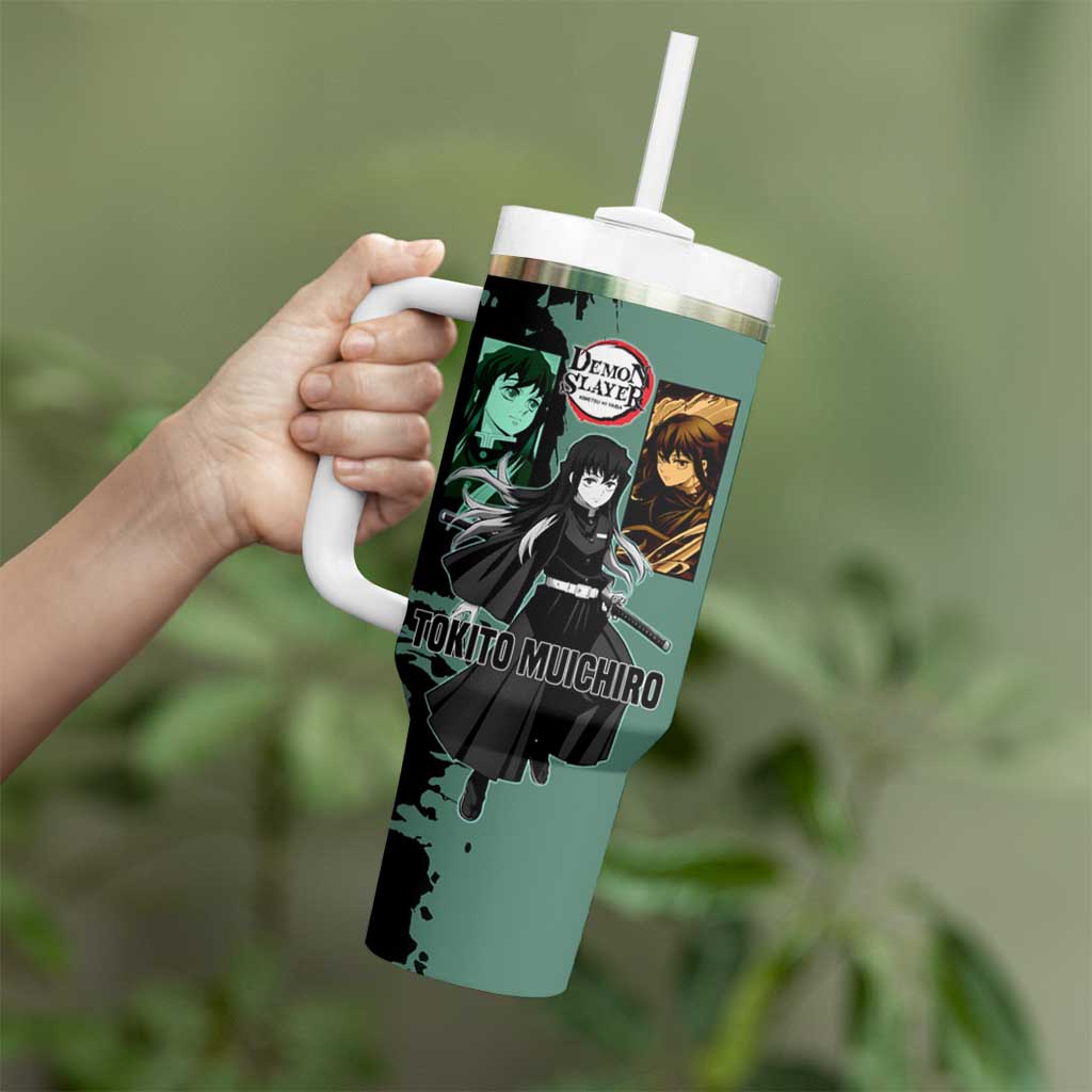 Muichiro Tokito from Demon Slayer Tumbler With Handle with Green and Black Mist Background and Dual Character Manga Style Design - The Mazicc