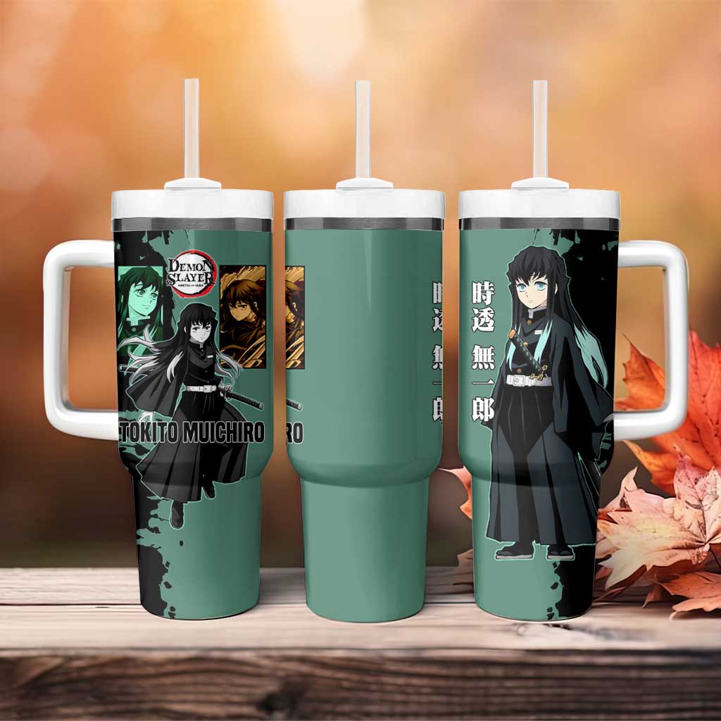 Muichiro Tokito from Demon Slayer Tumbler With Handle with Green and Black Mist Background and Dual Character Manga Style Design - The Mazicc
