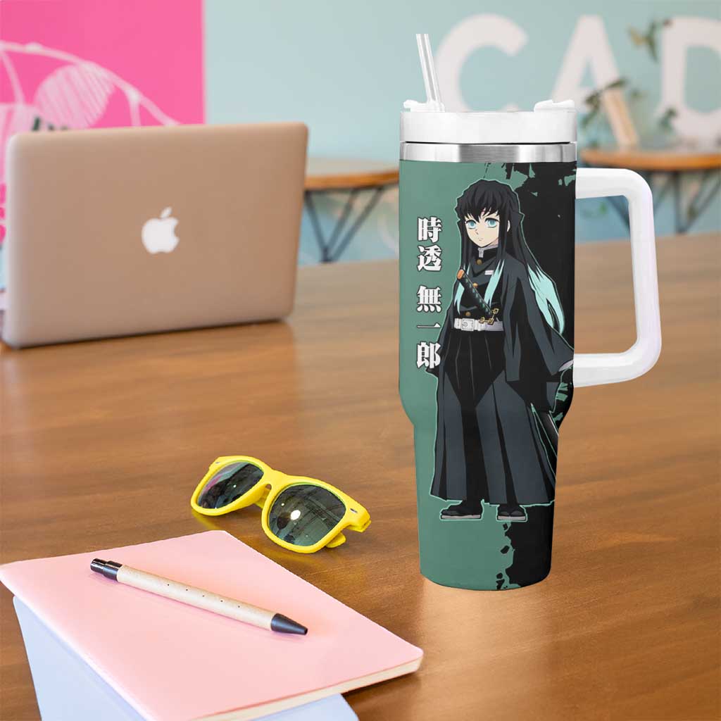 Muichiro Tokito from Demon Slayer Tumbler With Handle with Green and Black Mist Background and Dual Character Manga Style Design - The Mazicc