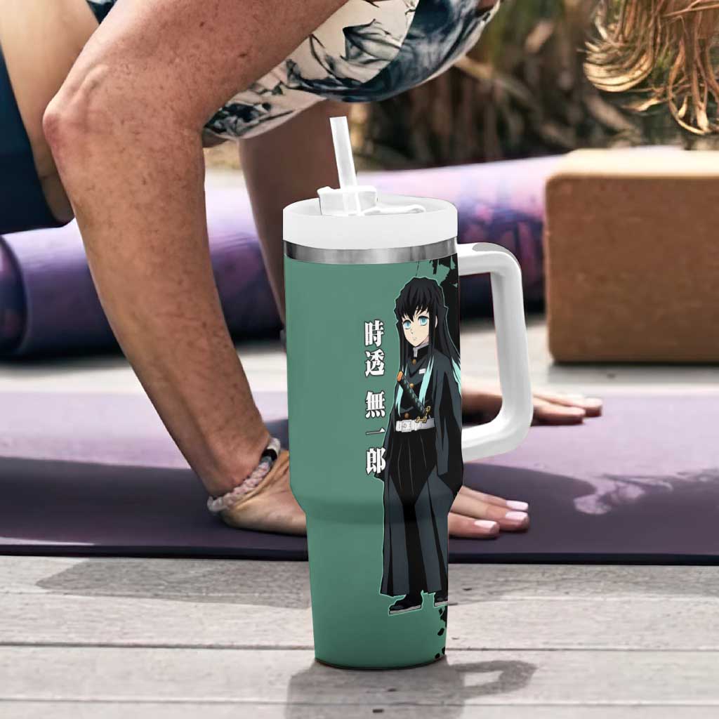 Muichiro Tokito from Demon Slayer Tumbler With Handle with Green and Black Mist Background and Dual Character Manga Style Design - The Mazicc