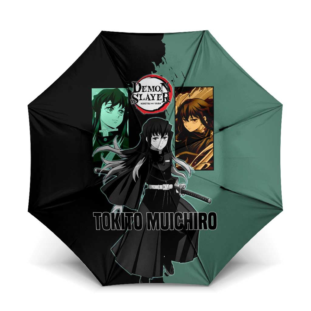 Muichiro Tokito from Demon Slayer Umbrella with Green and Black Mist Background and Dual Character Manga Style Design - The Mazicc
