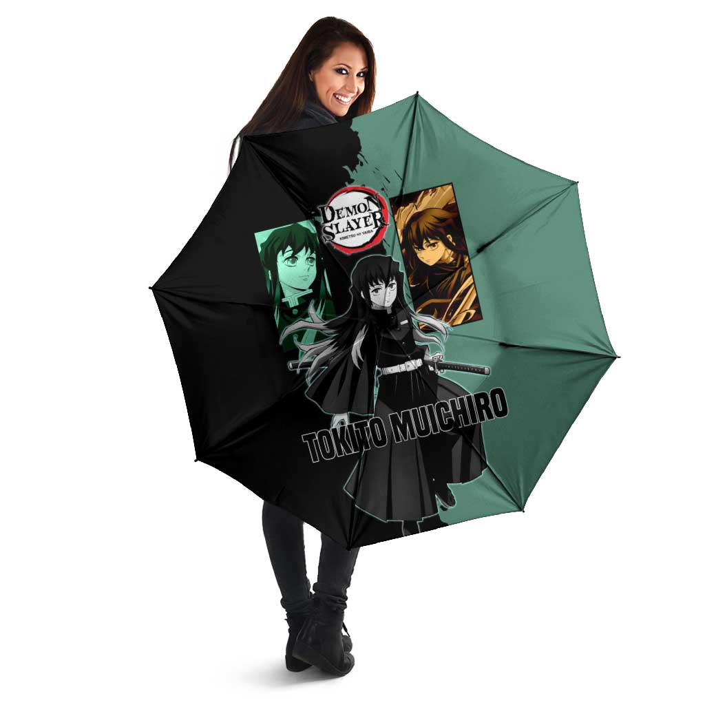 Muichiro Tokito from Demon Slayer Umbrella with Green and Black Mist Background and Dual Character Manga Style Design - The Mazicc