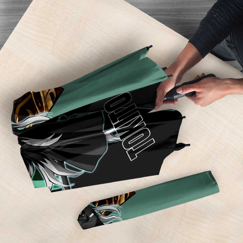 Muichiro Tokito from Demon Slayer Umbrella with Green and Black Mist Background and Dual Character Manga Style Design - The Mazicc