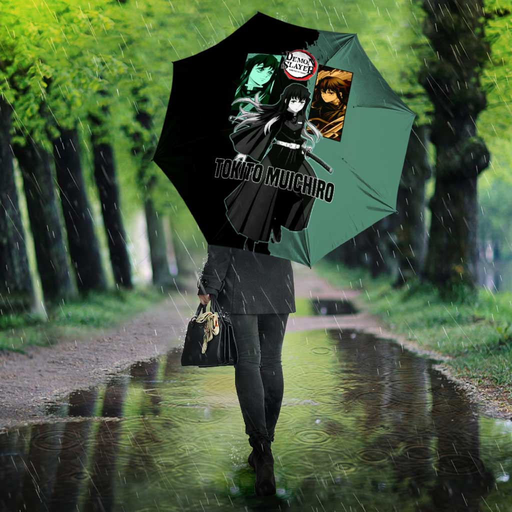 Muichiro Tokito from Demon Slayer Umbrella with Green and Black Mist Background and Dual Character Manga Style Design - The Mazicc