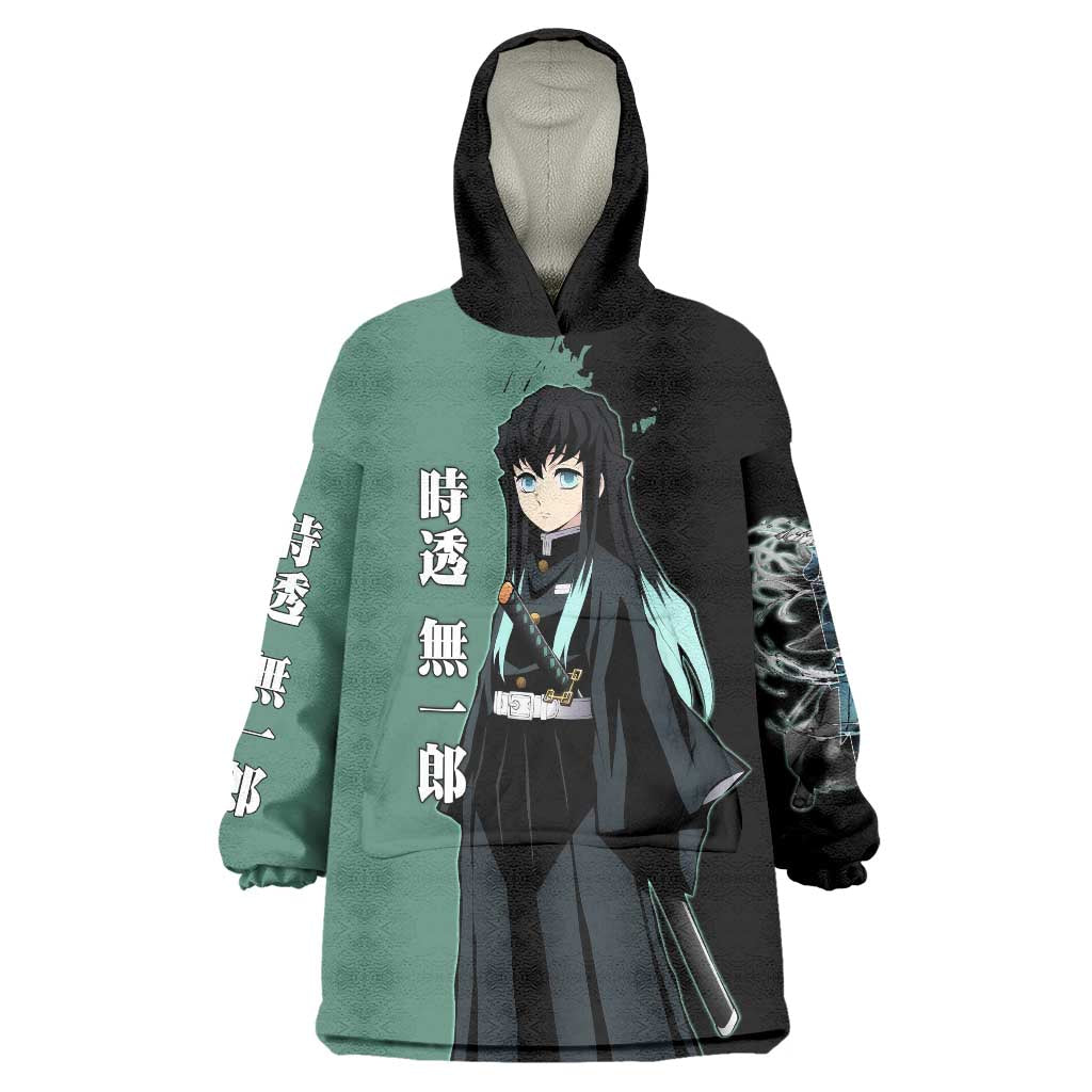 Muichiro Tokito from Demon Slayer Wearable Blanket Hoodie with Green and Black Mist Background and Dual Character Manga Style Design - The Mazicc