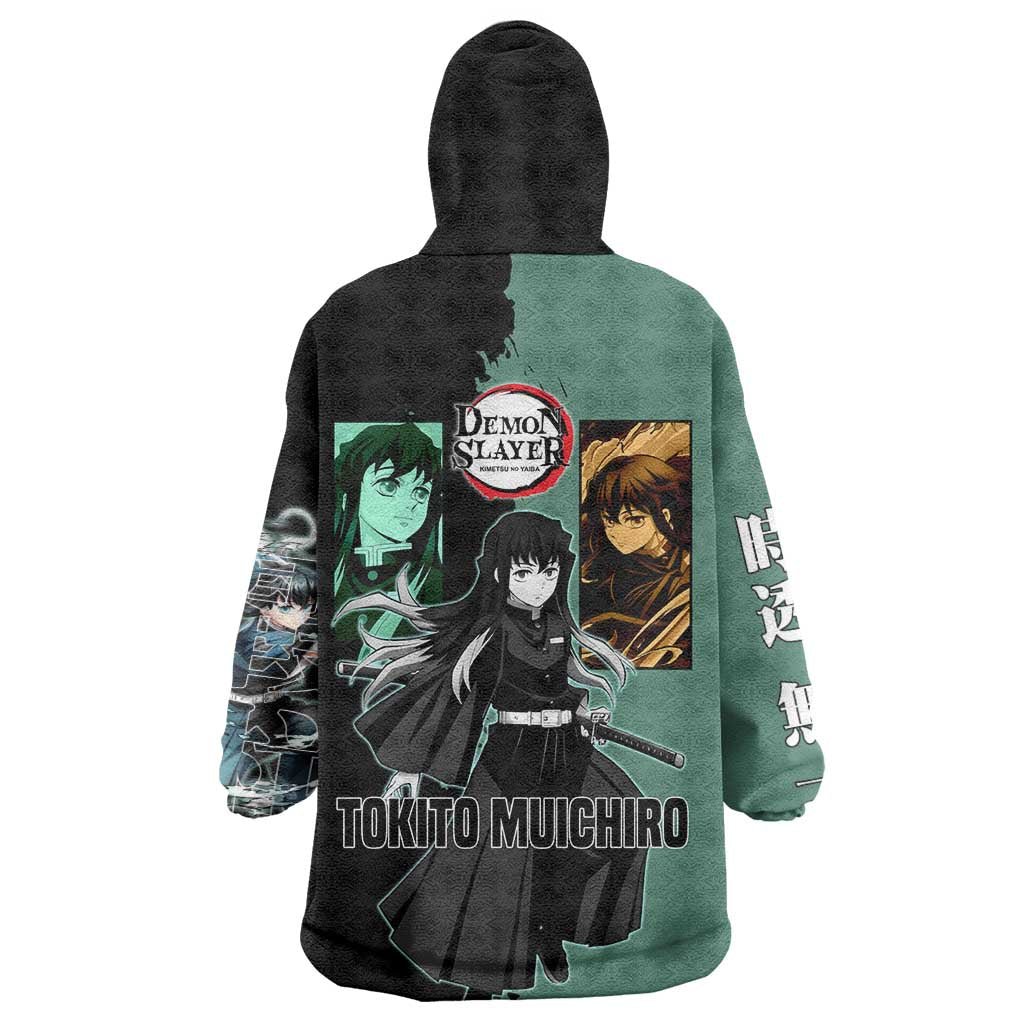 Muichiro Tokito from Demon Slayer Wearable Blanket Hoodie with Green and Black Mist Background and Dual Character Manga Style Design - The Mazicc