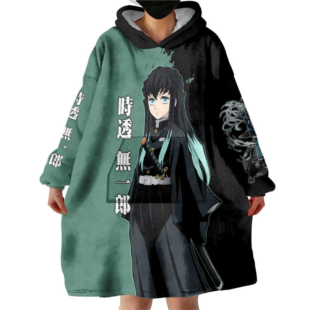 Muichiro Tokito from Demon Slayer Wearable Blanket Hoodie with Green and Black Mist Background and Dual Character Manga Style Design - The Mazicc