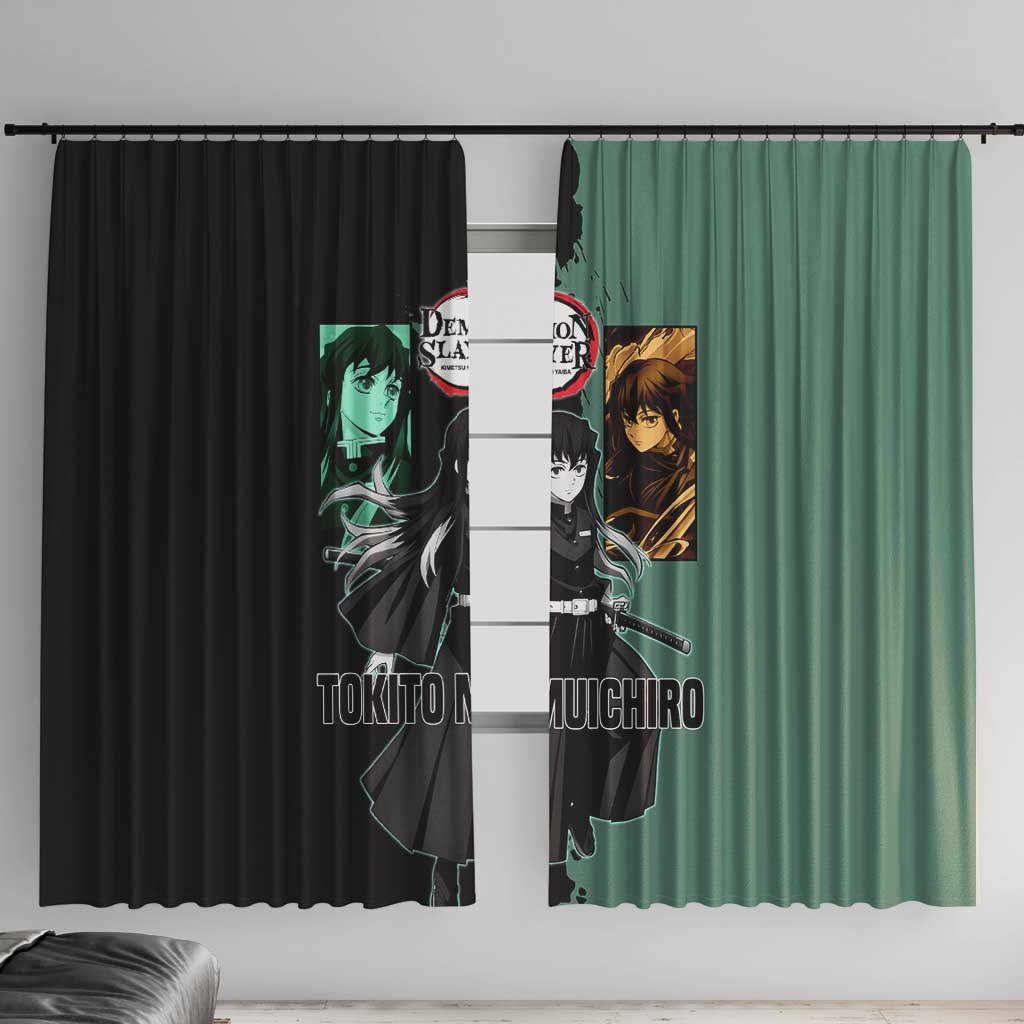 Muichiro Tokito from Demon Slayer Window Curtain with Green and Black Mist Background and Dual Character Manga Style Design - The Mazicc