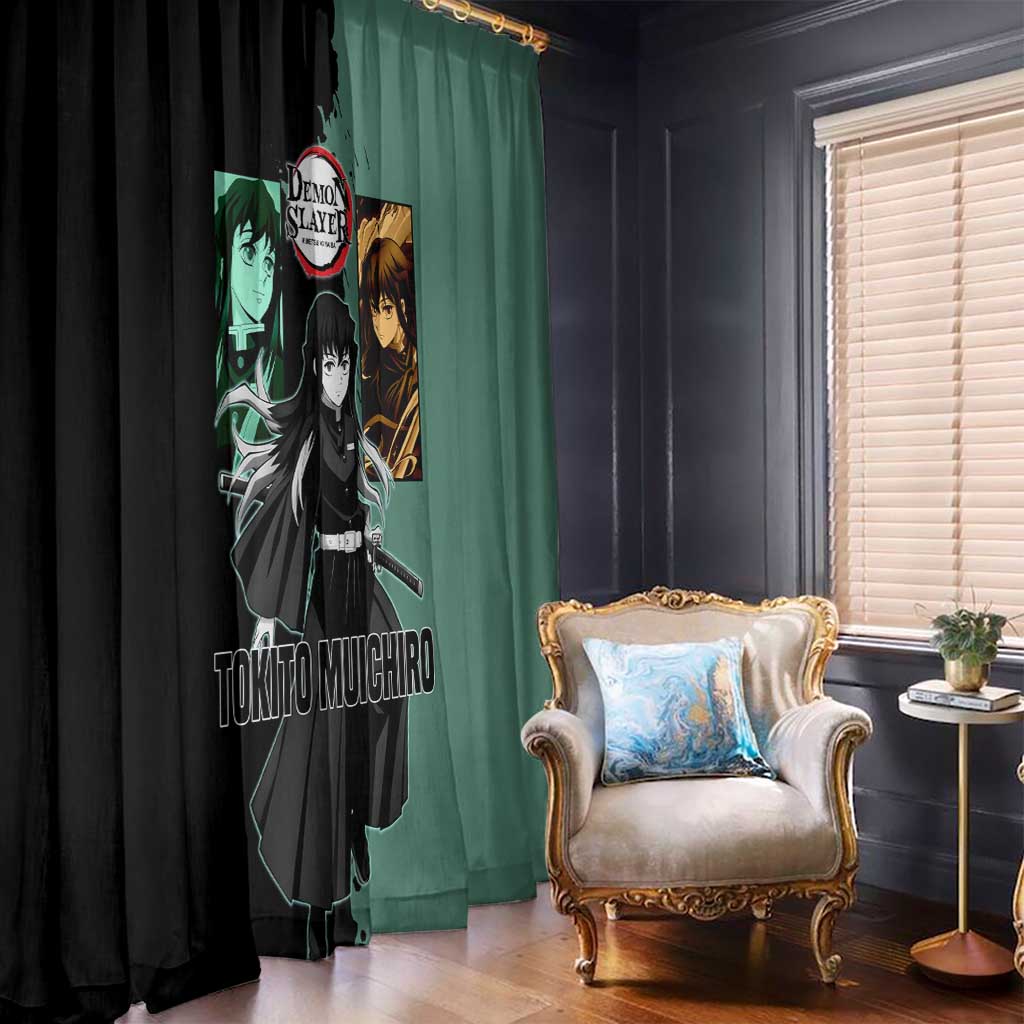 Muichiro Tokito from Demon Slayer Window Curtain with Green and Black Mist Background and Dual Character Manga Style Design - The Mazicc