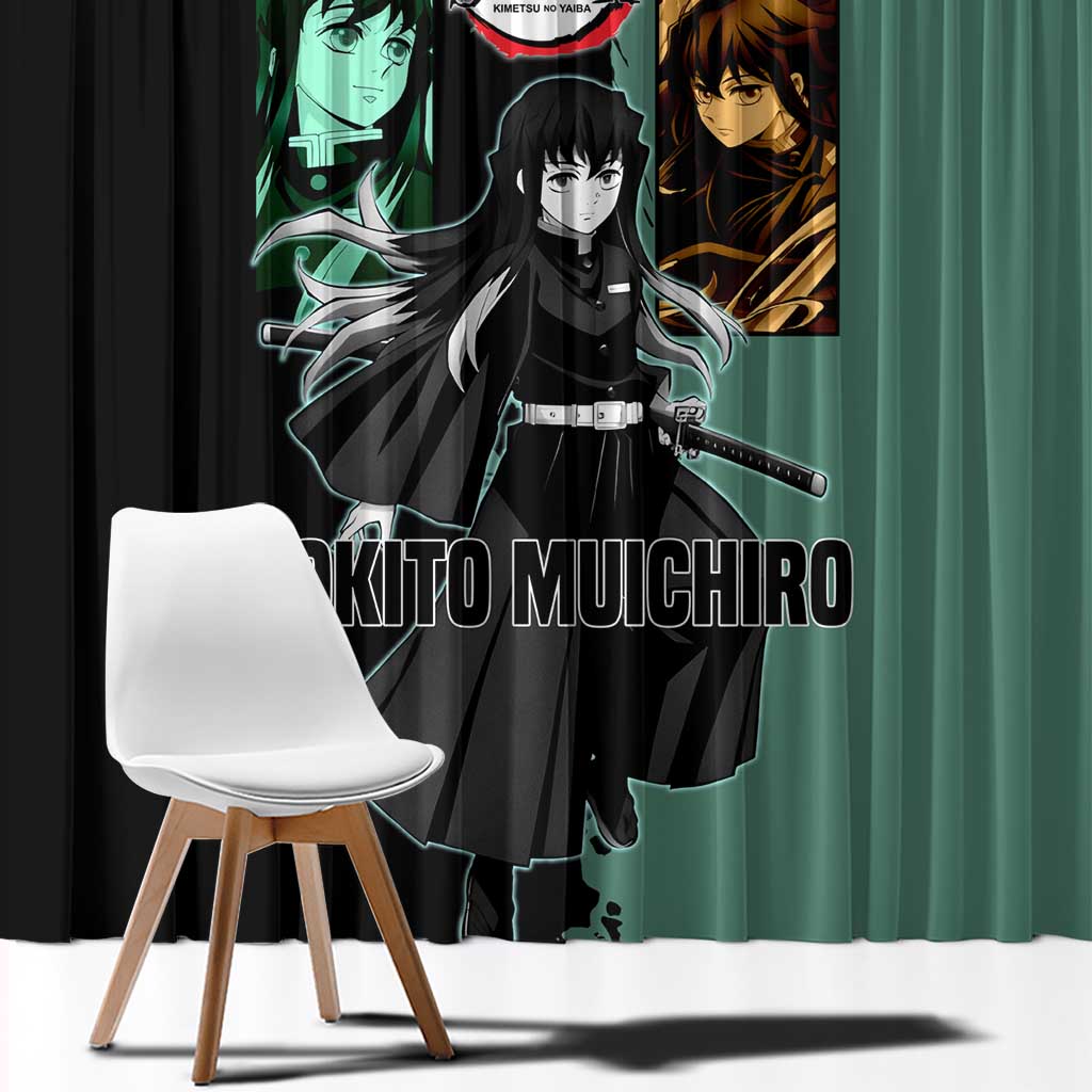 Muichiro Tokito from Demon Slayer Window Curtain with Green and Black Mist Background and Dual Character Manga Style Design - The Mazicc