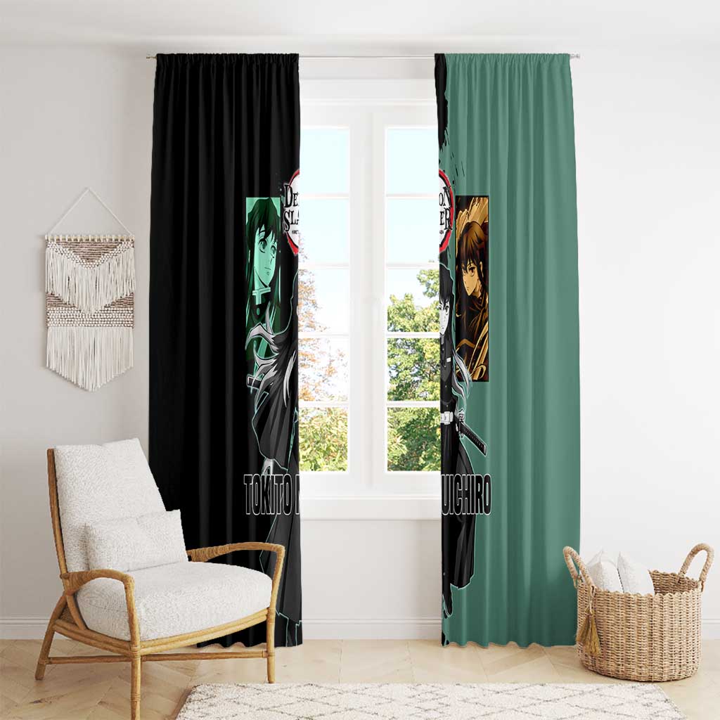 Muichiro Tokito from Demon Slayer Window Curtain with Green and Black Mist Background and Dual Character Manga Style Design - The Mazicc