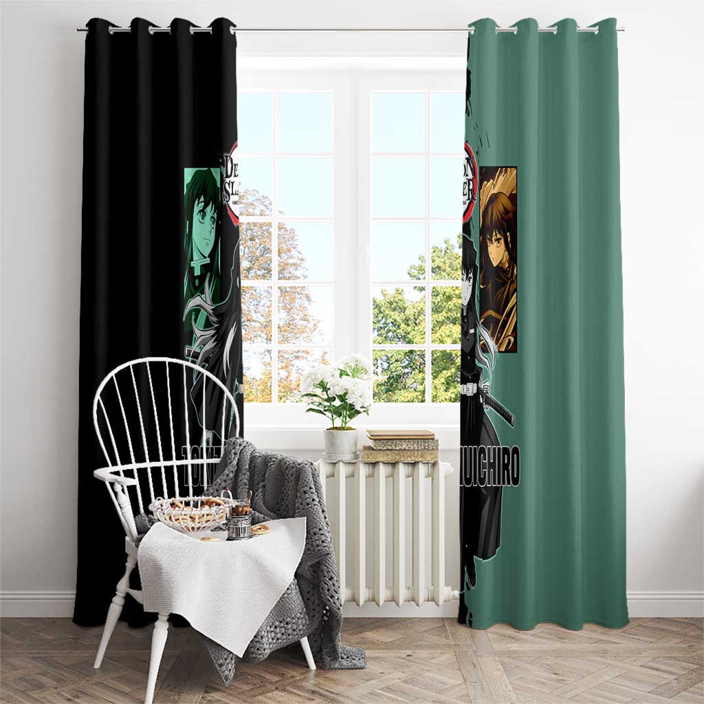 Muichiro Tokito from Demon Slayer Window Curtain with Green and Black Mist Background and Dual Character Manga Style Design - The Mazicc