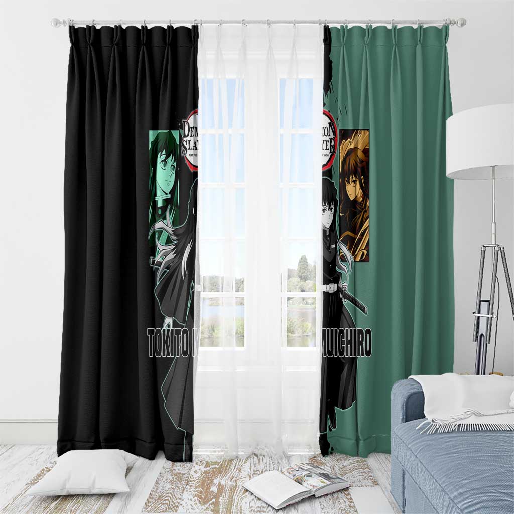 Muichiro Tokito from Demon Slayer Window Curtain with Green and Black Mist Background and Dual Character Manga Style Design - The Mazicc