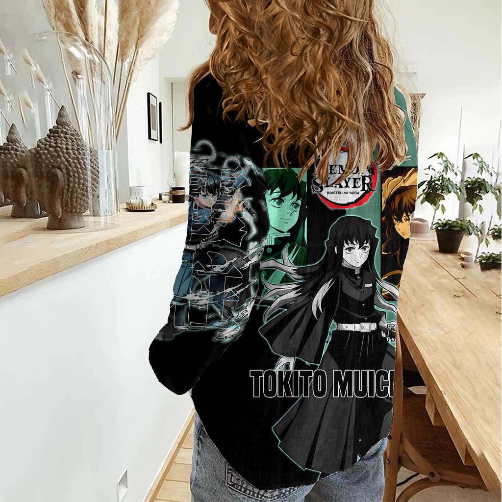 Muichiro Tokito from Demon Slayer Women Casual Shirt with Green and Black Mist Background and Dual Character Manga Style Design - The Mazicc