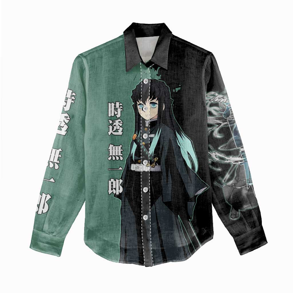 Muichiro Tokito from Demon Slayer Women Casual Shirt with Green and Black Mist Background and Dual Character Manga Style Design - The Mazicc