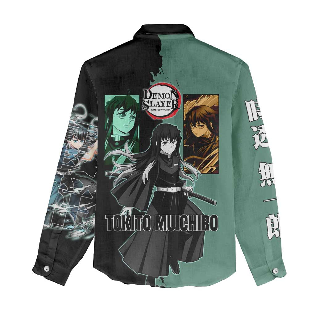Muichiro Tokito from Demon Slayer Women Casual Shirt with Green and Black Mist Background and Dual Character Manga Style Design - The Mazicc