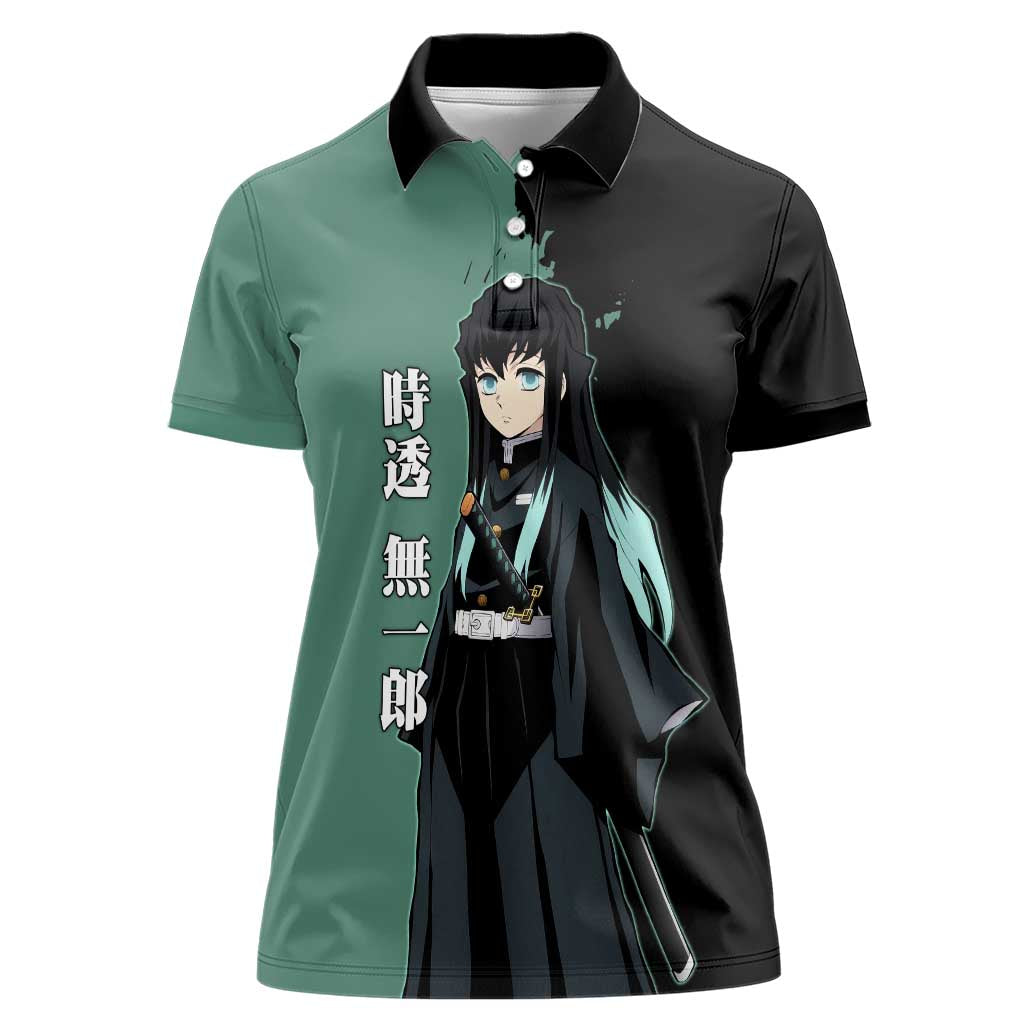 Muichiro Tokito from Demon Slayer Women Polo Shirt with Green and Black Mist Background and Dual Character Manga Style Design - The Mazicc
