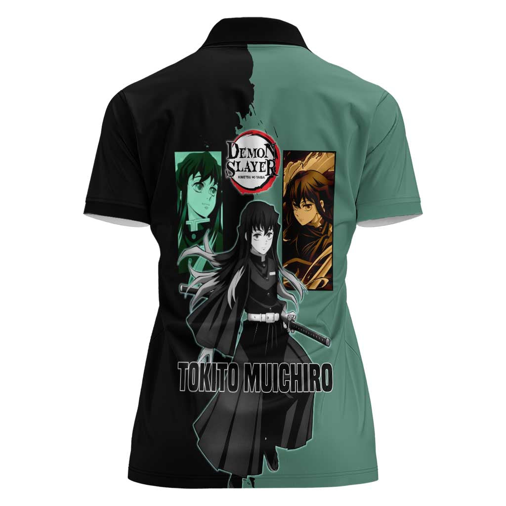 Muichiro Tokito from Demon Slayer Women Polo Shirt with Green and Black Mist Background and Dual Character Manga Style Design - The Mazicc