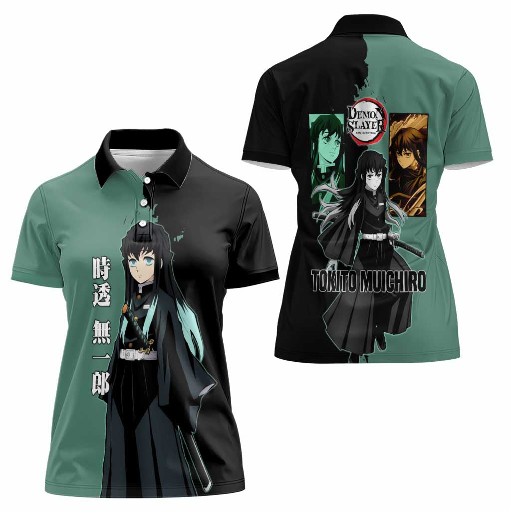 Muichiro Tokito from Demon Slayer Women Polo Shirt with Green and Black Mist Background and Dual Character Manga Style Design - The Mazicc