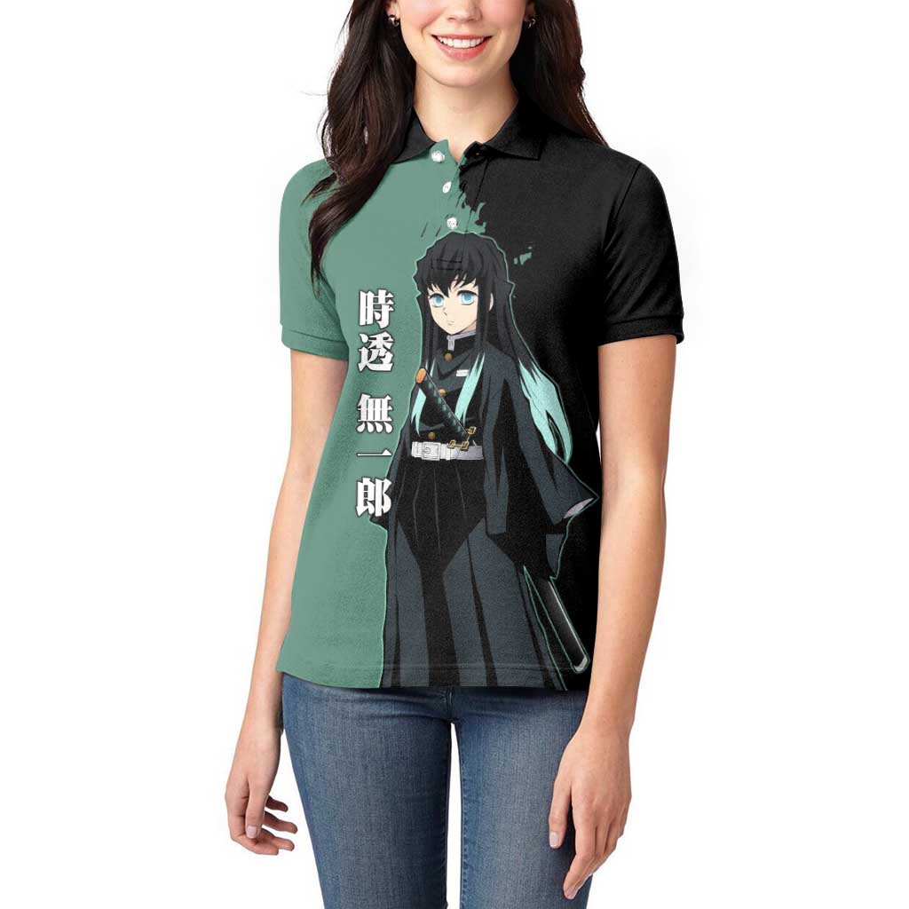 Muichiro Tokito from Demon Slayer Women Polo Shirt with Green and Black Mist Background and Dual Character Manga Style Design - The Mazicc