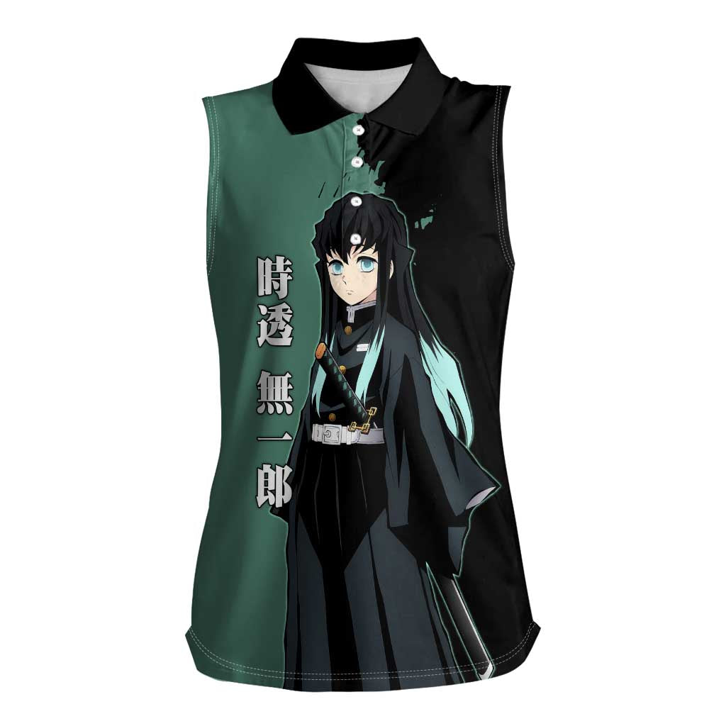 Muichiro Tokito from Demon Slayer Women Sleeveless Polo Shirt with Green and Black Mist Background and Dual Character Manga Style Design - The Mazicc