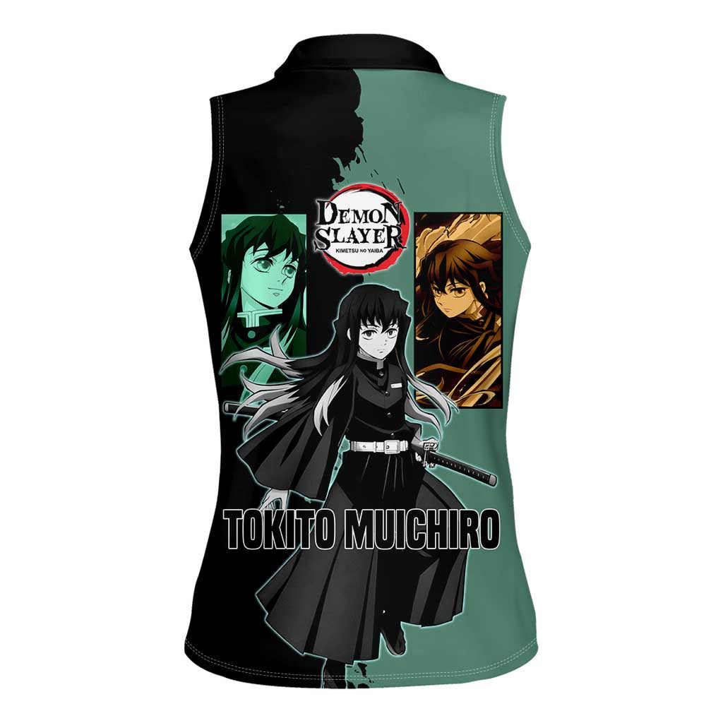 Muichiro Tokito from Demon Slayer Women Sleeveless Polo Shirt with Green and Black Mist Background and Dual Character Manga Style Design - The Mazicc