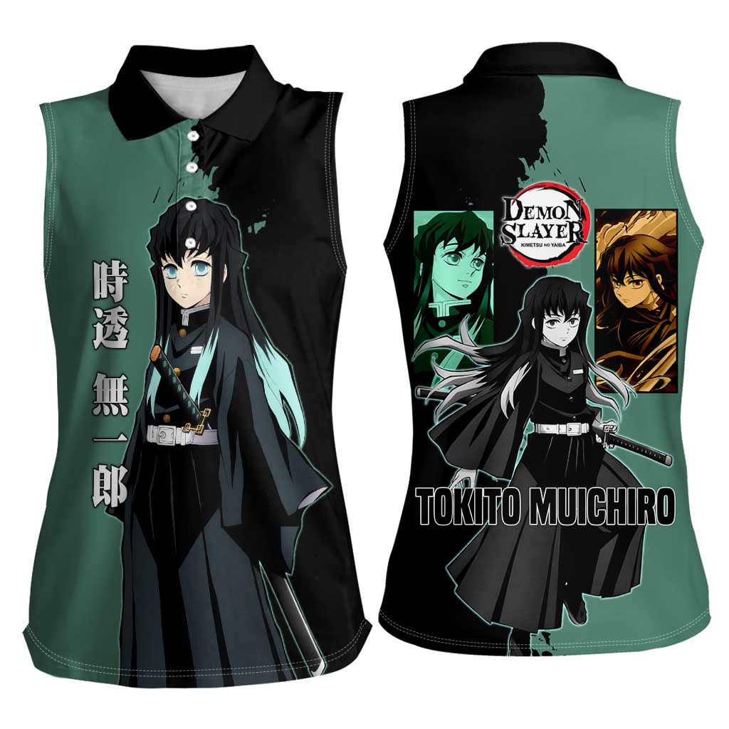 Muichiro Tokito from Demon Slayer Women Sleeveless Polo Shirt with Green and Black Mist Background and Dual Character Manga Style Design - The Mazicc