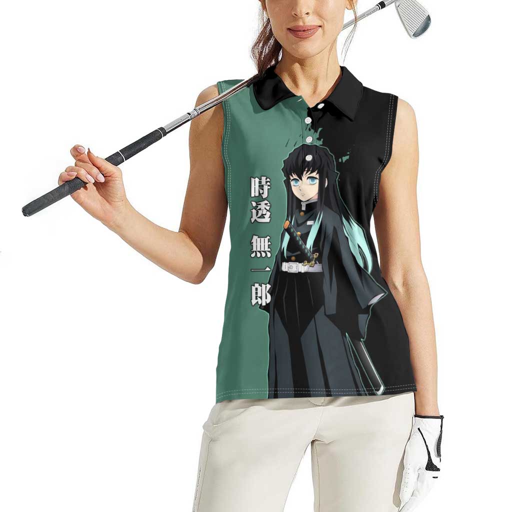 Muichiro Tokito from Demon Slayer Women Sleeveless Polo Shirt with Green and Black Mist Background and Dual Character Manga Style Design - The Mazicc