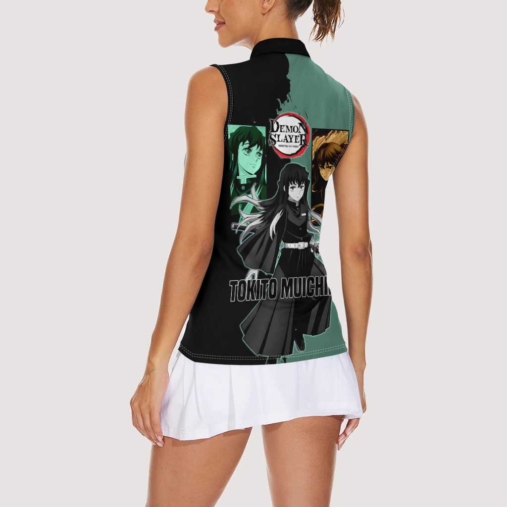 Muichiro Tokito from Demon Slayer Women Sleeveless Polo Shirt with Green and Black Mist Background and Dual Character Manga Style Design - The Mazicc